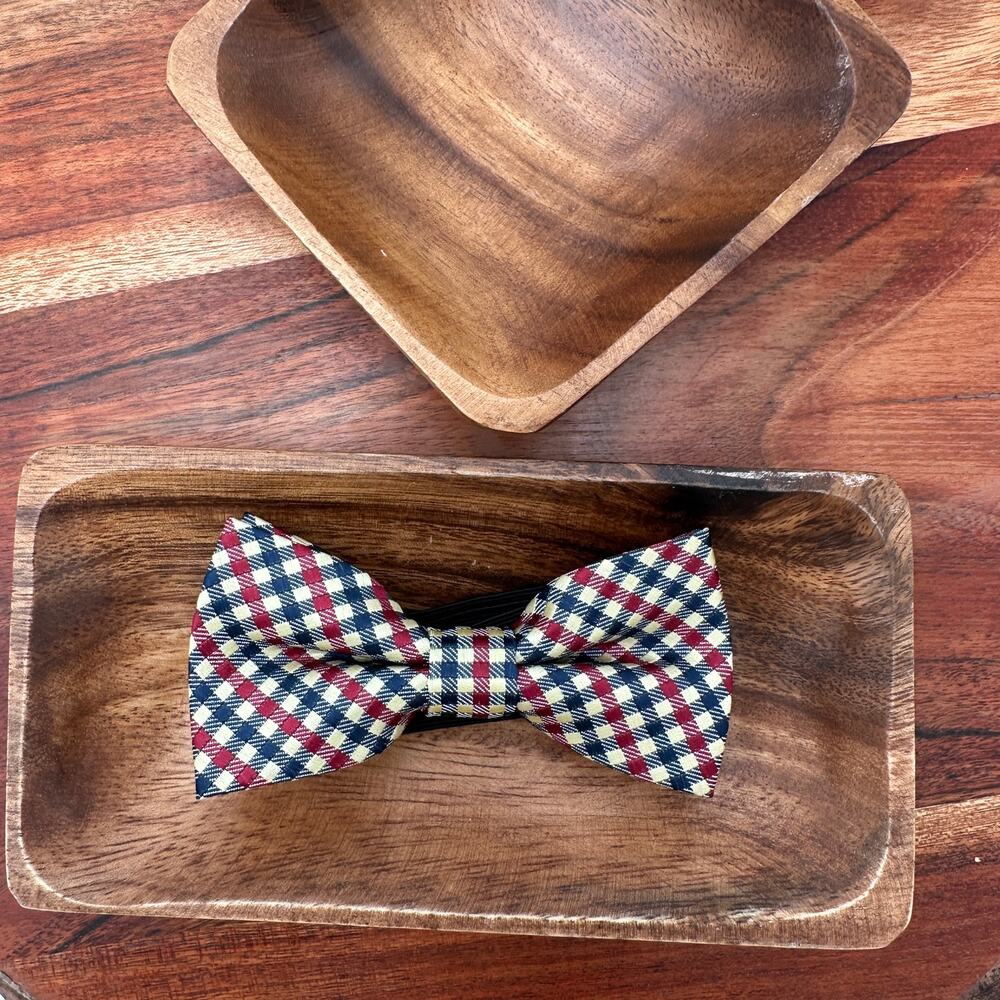 NEW Handmade Bow Tie Blue Red Gingham Adjustable Stretch Elastic Gift Prom